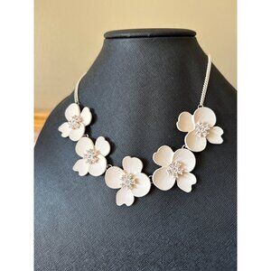 Christopher & Banks Floral Necklace With Rhinestone Accents & Textured Petals